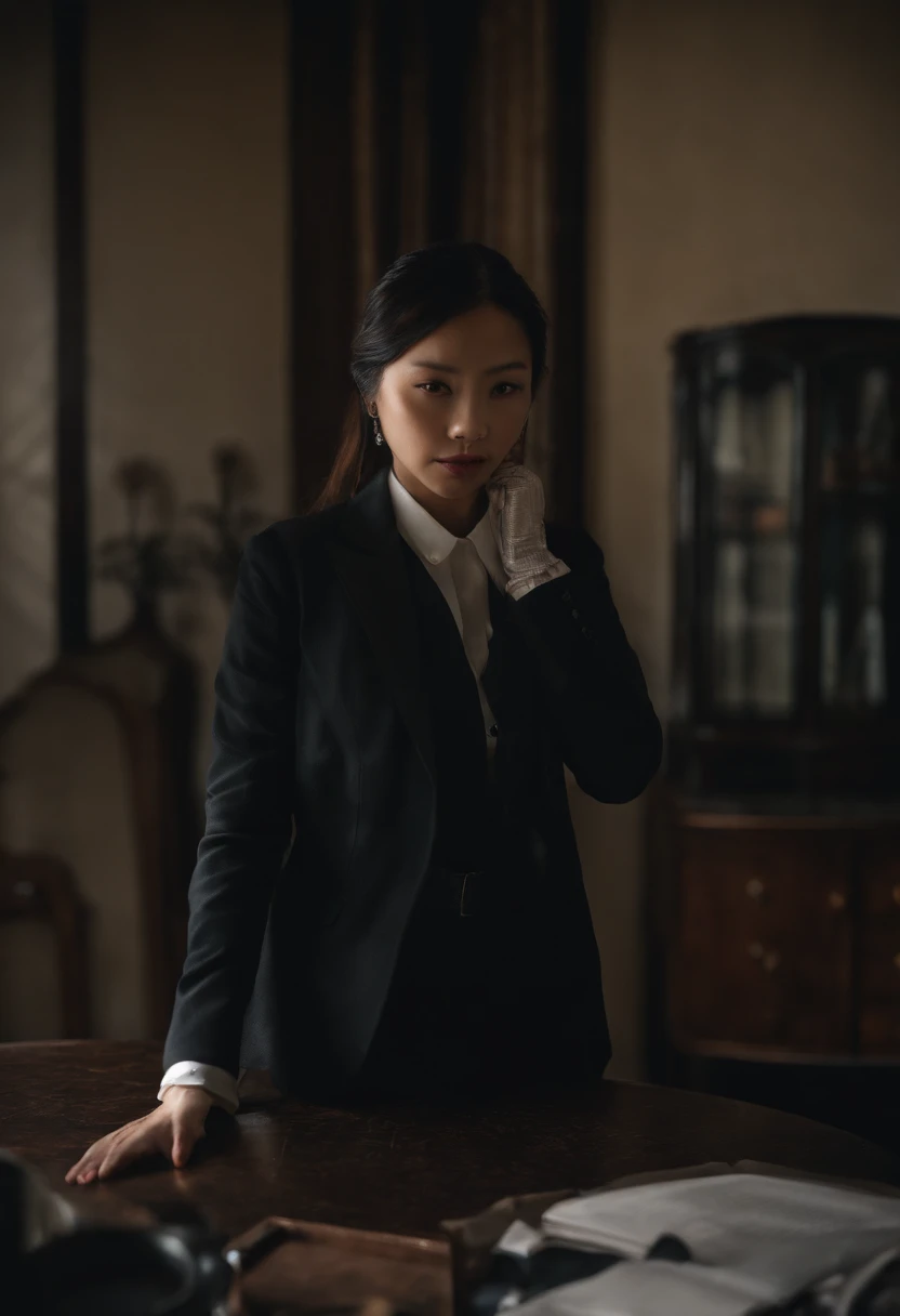 A woman wearing a men's three-piece suit with a black shirt, wearing black leather gloves in both hands, a Japanese girl, a dark hotel room