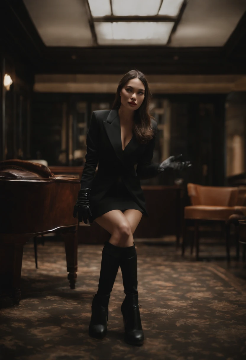 A woman wearing a men's three-piece suit with a black shirt, wearing black leather gloves in both hands, a Japanese girl, a dark hotel room