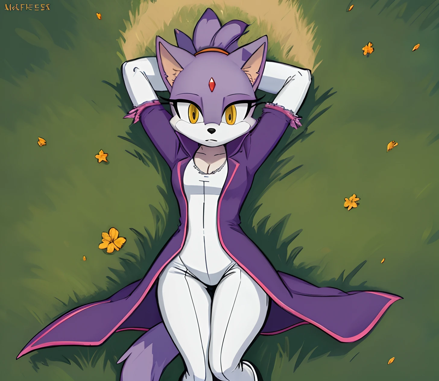 [Blaze the Cat], [Uploaded to e621.net; (Pixelsketcher), (twistedterra), (napalm_express)], ((masterpiece)), ((HD)), ((High quality)), ((solo portrait)), ((bird's-eye view)), ((full body)), ((detailed fur)), ((detailed shading)), ((beautiful render art)), ((intricate details)), {anthro cat, (light purple fur), black nose, cat ears, beautiful yellow eyes, red diamond on forehead, purple highlights, short ponytail, hair tie, long tail, (curvy hips), (beautiful legs), (expressionless)}, {(purple trench coat), (white spandex leggings), (red heel boots, with fur trim), (white gloves with fur trim)}, {(on grass), (laying on back), (hands behind head)}, [background; (grass plains), (sunset), (starry sky)]