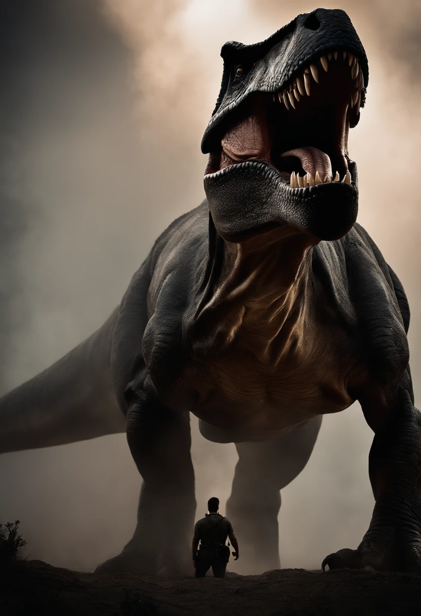 a powerful image: A tyrannosaurus emerges from dense smoke, its vigilant gaze. In front of it, a man, on a smaller scale, is illuminated by the light. It appears as if the tyrannosaurus is protecting the man with its majestic and protective presence. It's a scene that conveys strength and security.