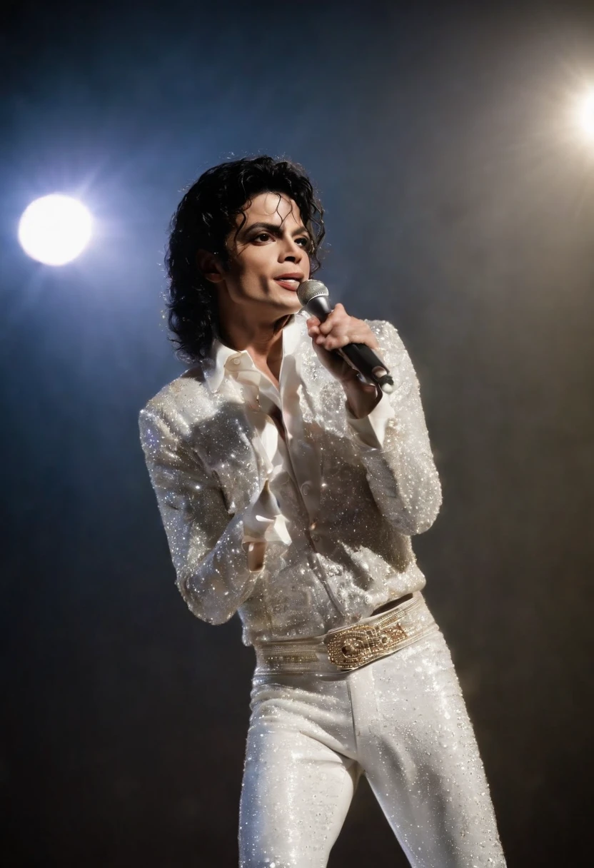 Michael jackson，Wearing a sequin dance costume，Shiny microphone，Space dance steps，stage lighting，Chasing the light，Backlight