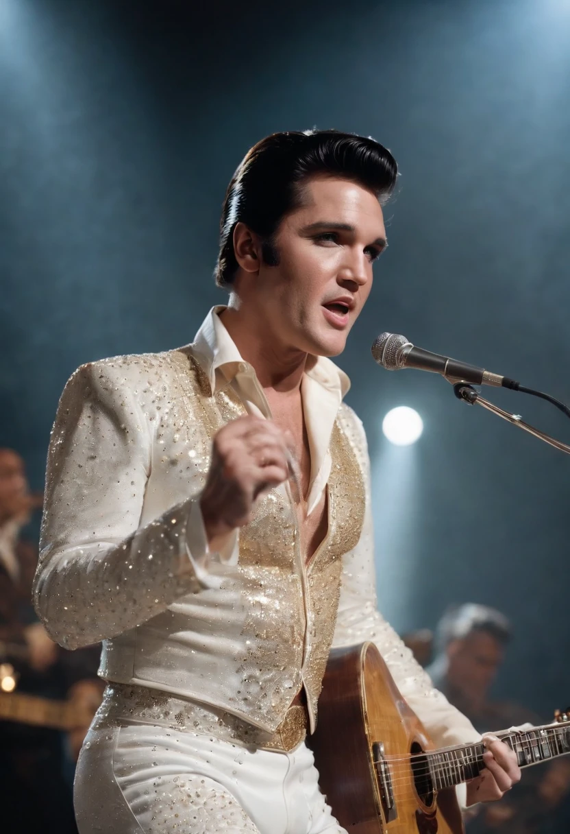 Elvis Presley，Wearing a sequin dance costume，plays the guitar，stage lighting，Chasing the light，Backlight