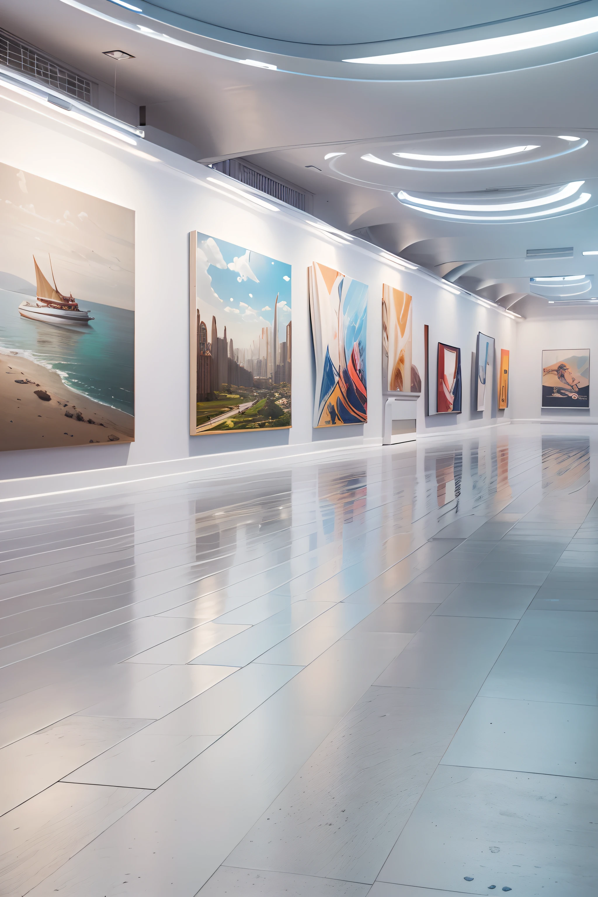 Art exhibitions,There is a wall in the middle of the exhibition hall,The painting on the wall is in the middle, Paintings on the walls, skyscape, Large airy windows, Zaha Hadid and Santiago Calatrava landscape panoramic style, Fish, Clear light, Edge lighting, Perfect image, Building summary style, 16k UE5. superfine, 8K, hdr, Product photography, Depth of field, Nikon D850, Ultra-realistic, no contrast, clean sharp focus, professional, No blurring