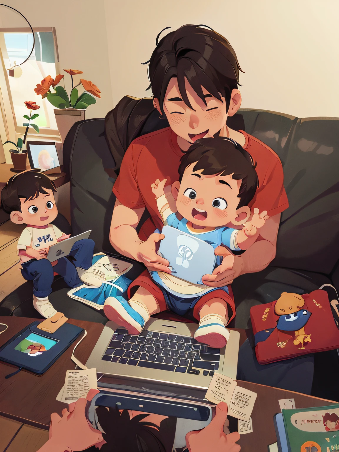 ((comic illustration))、male people１a person、Baby１a person、There is a man holding a  while using a laptop, With a chilring fatherly wide forehead, Place your laptop computer on your lap, father with child