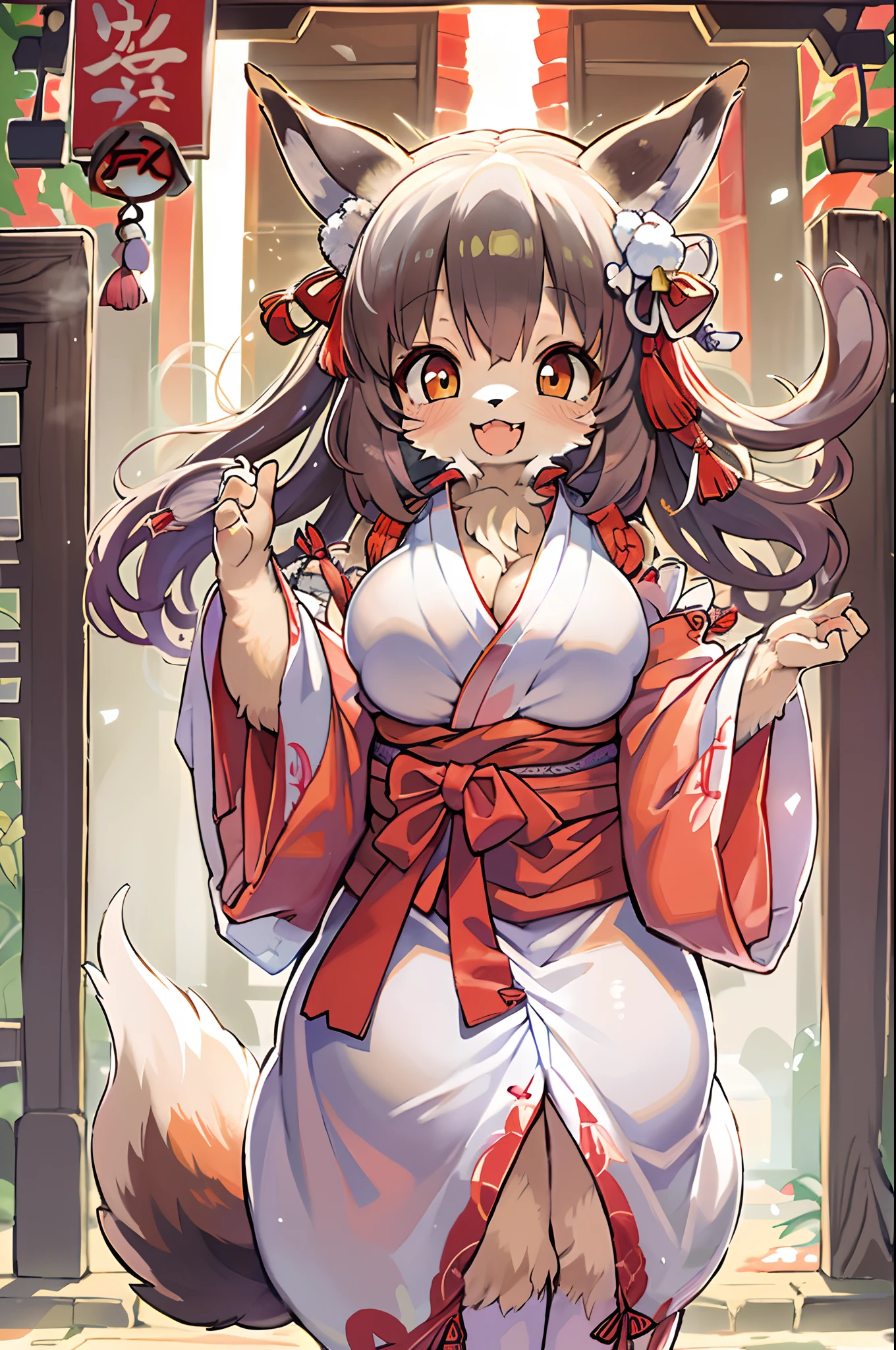 Fox Woman、body covered with fur、huge-breasted、kawaii、shrine maiden、Japan white clothes,Red Hakama、torii gate,summer day、((High Position))、A big smile、bbw、thick thight、big butts、Ultramammy,Chibi,Nanachi