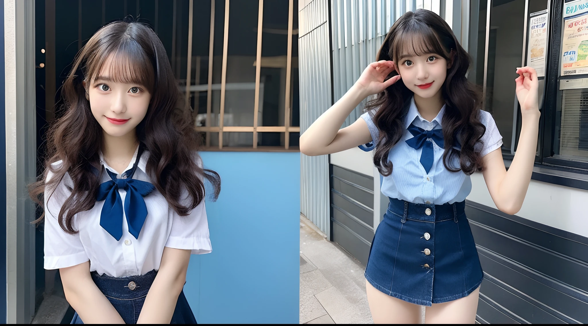 18-year-old high school girl in blue miniskirt(Curly hair)
