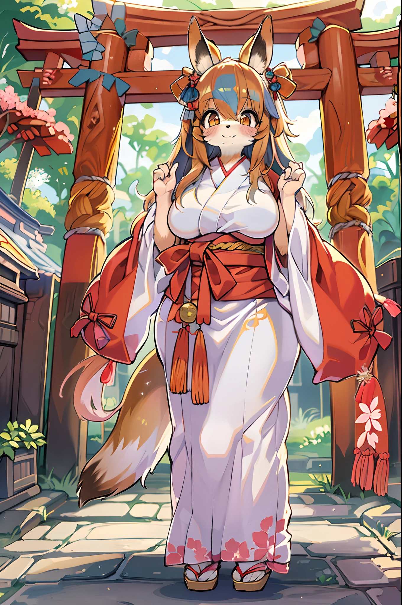 Fox Woman、body covered with fur、huge-breasted、kawaii、shrine maiden、Japan white clothes,Red Hakama、torii gate,autumn day、From below、Wide Shot、Very Wide Shot、A big smile、bbw、thick thight、big butts、Ultramammy、Under the maple tree