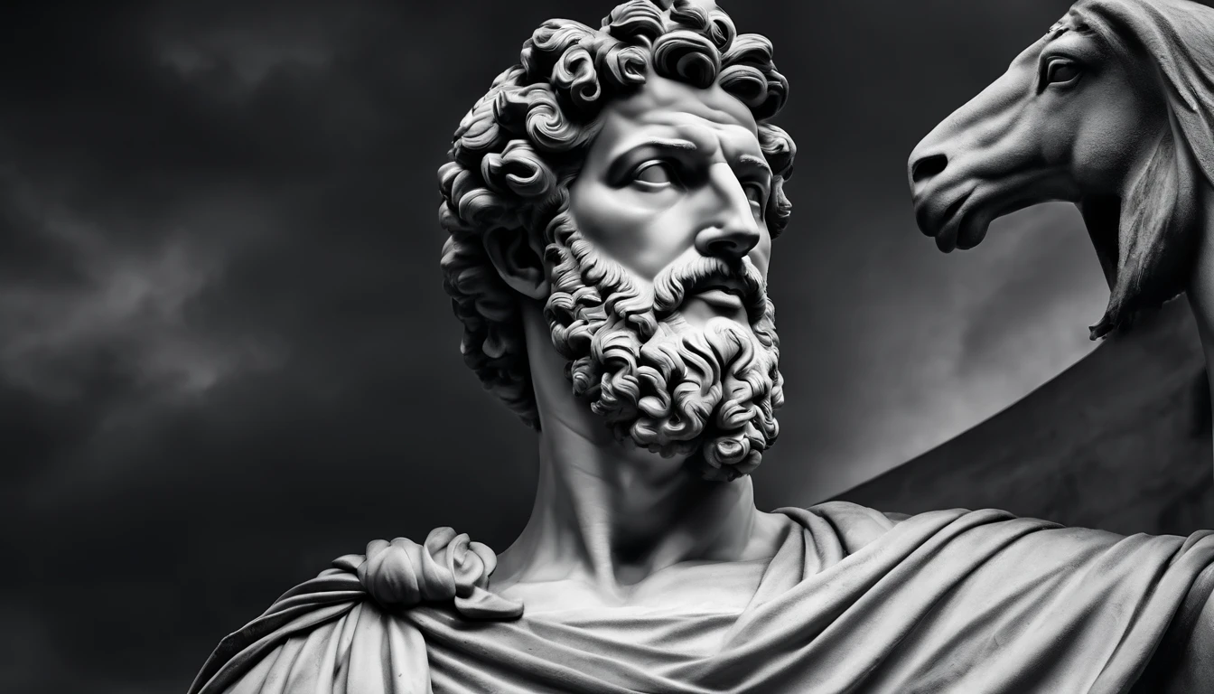 a portrait statue of the strong muscular Stoic Marcus Aurelius in black and white 4K,Face de frente, olhar fixo, papel de parede super realista