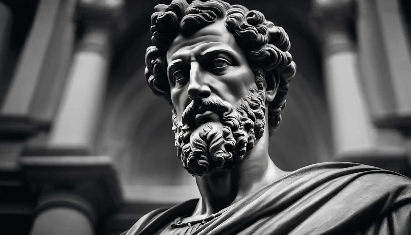 a portrait statue of the strong muscular Stoic Marcus Aurelius in black and white 4K,Face de frente, olhar fixo, papel de parede super realista