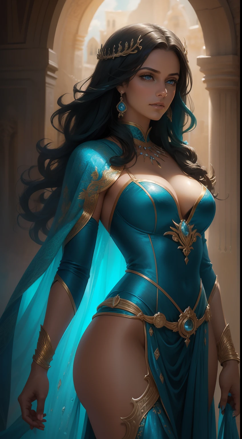 la reina de los mares, con cabello ondulado como las olas, Eyes deep as the ocean, piel bronceada y una figura elegante. Viste con tonos azules y verdes, adornados con detalles dorados, Maximum resolution 4k, (8k), beautiful woman, Princess of the Ocean, Reina de los mares, cheerful expression, hermosos ojos de colores, beautiful exotic figure, Traje sexy, traje digno de una reina del mar, tridente 🔱 en sus manos, tridente dorada Standing at the top of a palace, olas gigantes, Epic Background, detalles precisos, rostro detallado, fantasy, dramatic, intrincado, elegante, muy detallado, Pintura digital, Art Station, arte conceptual, smooth and sharp focus, illustration, arte de Gustave Dore, Octanaje, 4k , (solamente:1.4)