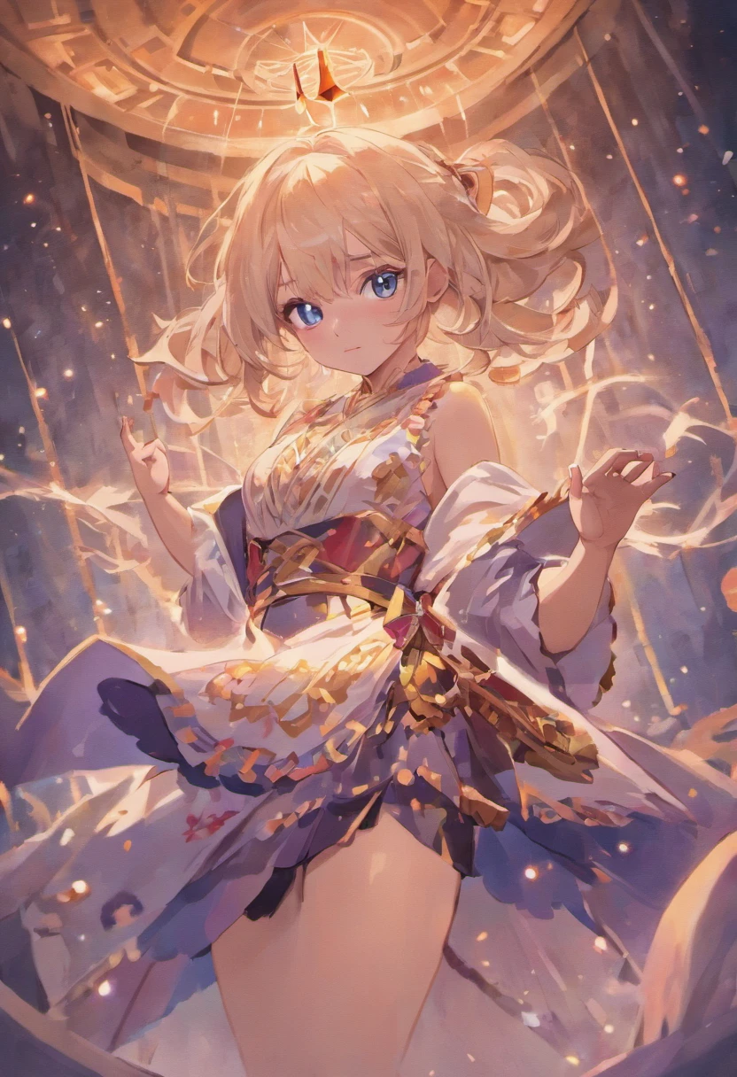 8K,tmasterpiece,CG,Volumetriclighting,eventide, one-girl,beuaty girl,Dynamic action,with hands behind her back,standing in the snowy mountain,Hanfu,short skirt,Casual hairstyle,Messy hair,big breasts exposed cleavage,blue gem