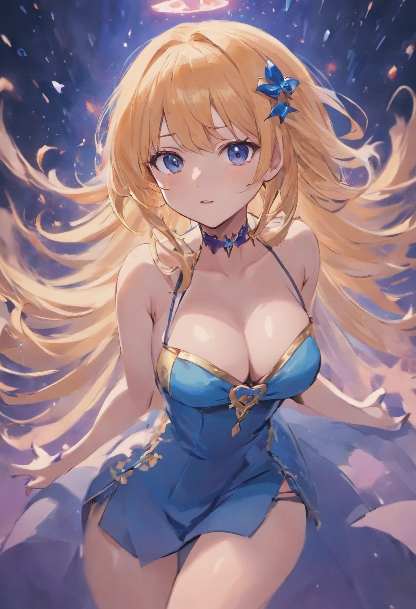 8K,tmasterpiece，CG,Volumetriclighting，eventide， one-girl，beuaty girl，Dynamic action，with hands behind her back，standing in the snowy mountain，Hanfu，short  skirt，Casual hairstyle，Messy hair，big breasts exposed cleavage，blue gem