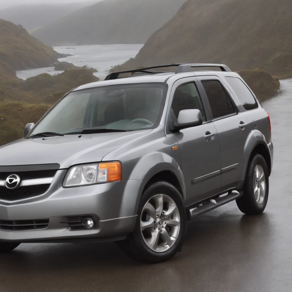 Vehicle layout; Model Mazda Tribute 2003, gray in color, rainy; foto realista; "detailed photo"; Best Quality,4k,8K,High Resolution, Masterpiece, Ultra-detailed, Detailed ribbed bumper, Vivid colors, studio lightning.
