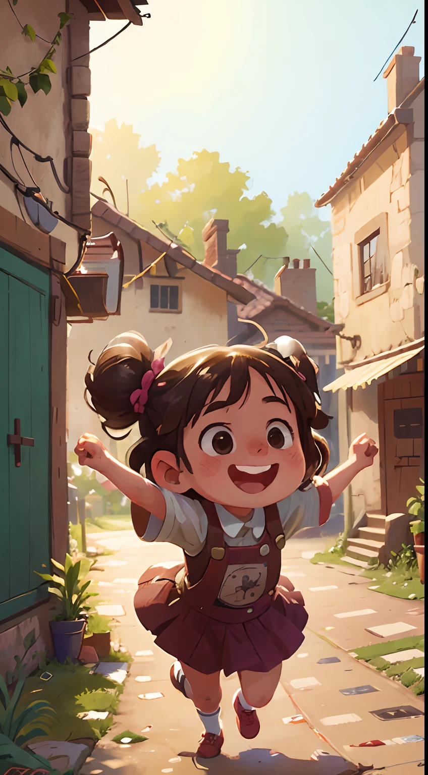 (best quality,realistic,Highres),ultra-detailed,1 girl(8 years old) cheerfully playing in the foreground of a village street, with a big smile on her face, surrounded by a charming background.