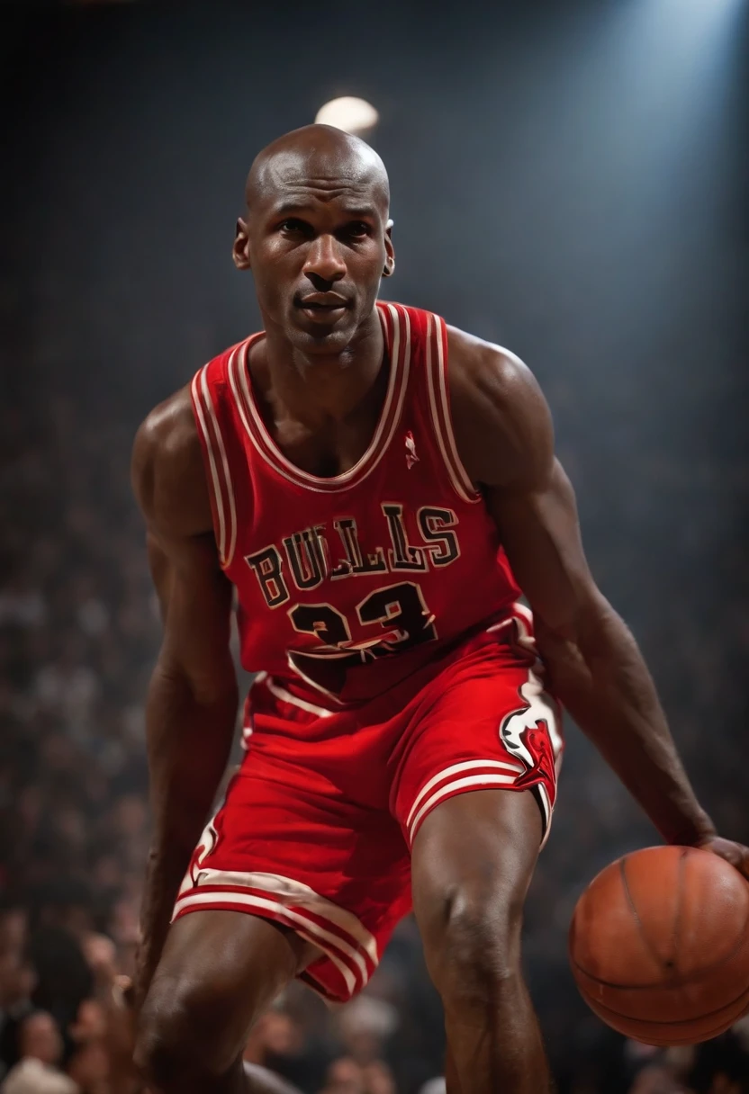 Michael jordan,Wearing a red basketball suit,Dunk,stage lighting,Chasing the light,Backlight
