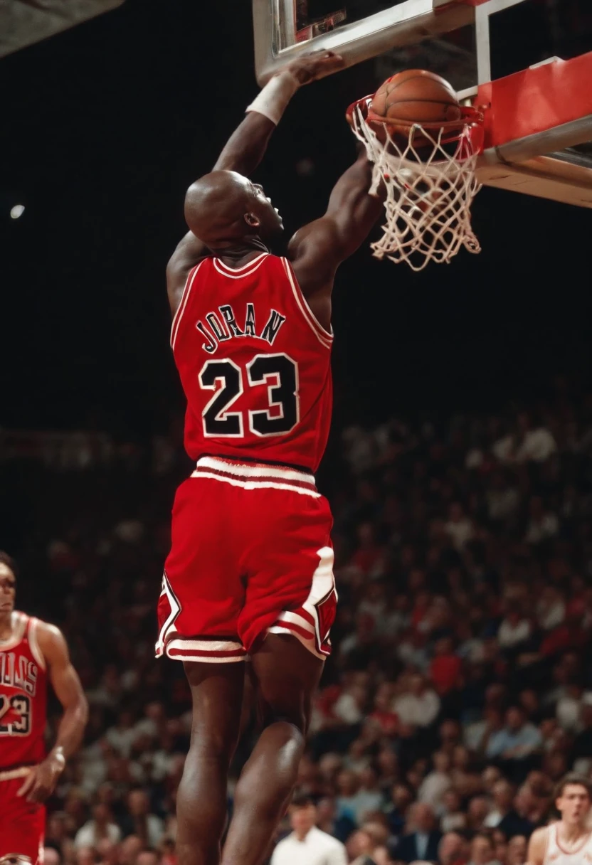 Michael jordan，Wearing a red basketball suit，Dunk，stage lighting，Chasing the light，Backlight
