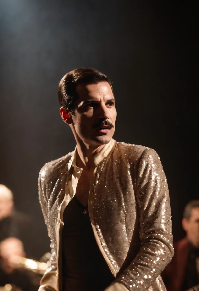 Freddie Mercury,Wearing a sequin dance costume,plays the guitar,stage lighting,Chasing the light,Backlight