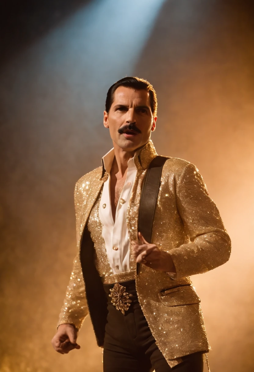 Freddie Mercury，Wearing a sequin dance costume，plays the guitar，stage lighting，Chasing the light，Backlight