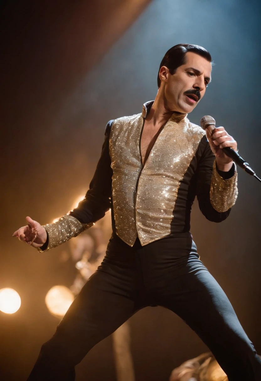 Freddie Mercury,Wearing a sequin dance costume,plays the guitar,stage lighting,Chasing the light,Backlight