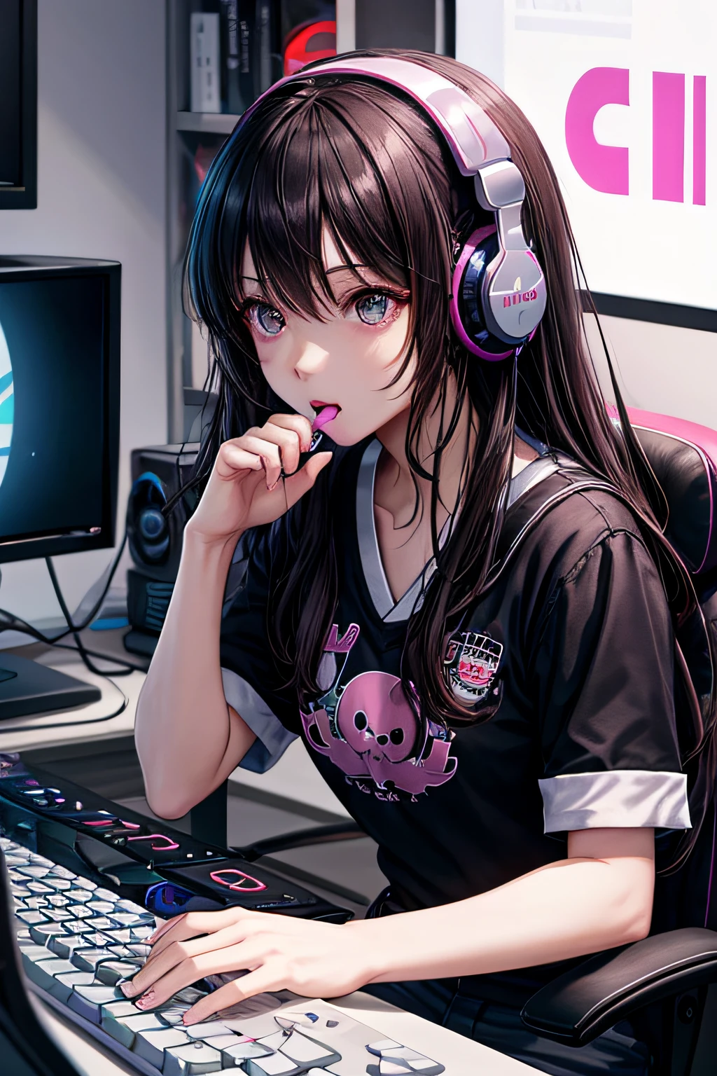 maribelle fe, Masterpiece, ultra high quality cg, Best quality, girl solo, middle, Japanese and Russian mix, Long hair, Dark hair, Gaming Platform, gaming pc, pink theme room, Gaming Keyboard, gaming headphone, gaming console, bubble gum, kiss face