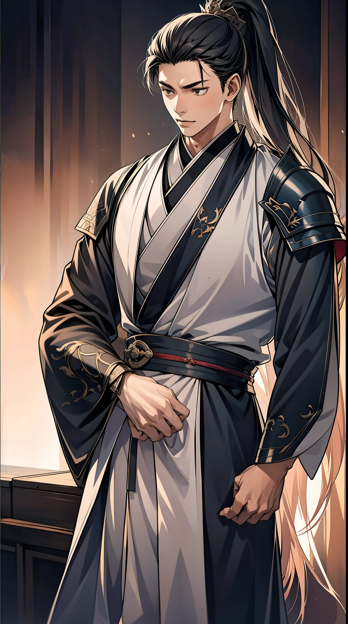 quadratic element,style of anime,mtu(Male Warrior),The proportions are correct,Face details,swordsmen,High ponytail hairstyle,Neck details,There is an Adam's apple,Black Hanfu,kaftan,Embroidered robes,Black robe,clothes details,Handing over,longer sleeves,Game quality,Swordsmanship,Light and shadow tracking,Ray traching,detailed glow,cg render,hair detail,cabelos preto e longos,Black eyes,Handsome,Handsome,(juvenile sense),Clothing is complicated,Perfectcomposition,Refinement,high qulity,higher details,Lots of details,The background is complex,a sense of atmosphere,