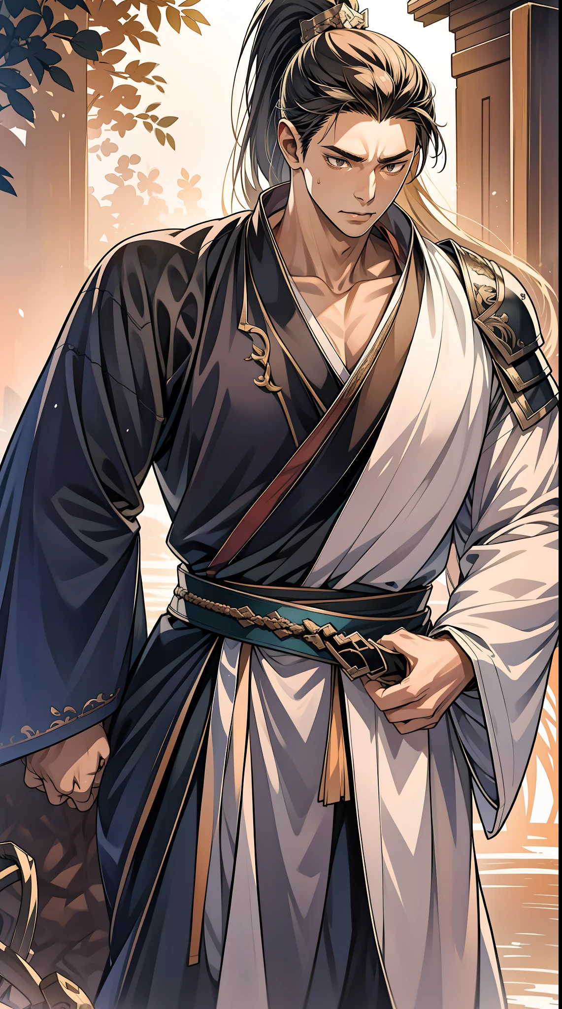 quadratic element,style of anime,mtu(Male Warrior),The proportions are correct,Face details,swordsmen,High ponytail hairstyle,Neck details,There is an Adam's apple,Black Hanfu,kaftan,Embroidered robes,Black robe,clothes details,Handing over,longer sleeves,Game quality,Swordsmanship,Light and shadow tracking,Ray traching,detailed glow,cg render,hair detail,cabelos preto e longos,Black eyes,Handsome,Handsome,(juvenile sense),Clothing is complicated,Perfectcomposition,Refinement,high qulity,higher details,Lots of details,The background is complex,a sense of atmosphere,