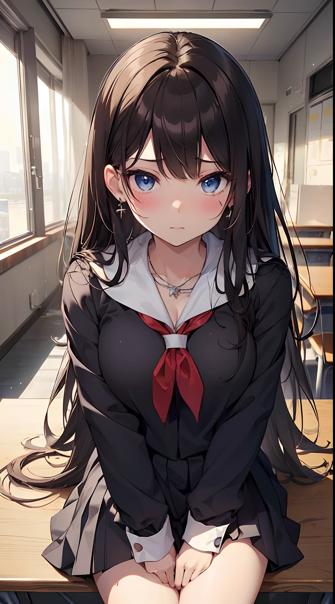 anime girl sitting on a bench in a restaurant with a cup of coffee, anime visual of a cute girl, portrait gapmoe yandere grimdark, 1 7 - year - old anime goth girl, anime visual of a young woman, anime girl wearing a black dress, anime moe artstyle, portrait of an anime girl,