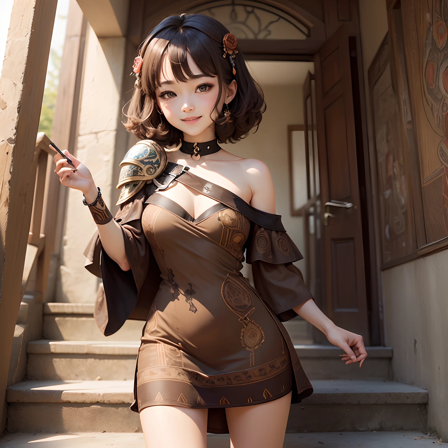 masterpiece、top-quality、ultra-detailliert、1 Chibi Character、Sauvage Hair、a smile、(brown jasper patterns AB Shoulder Dress:1.4),Standing、stairway
