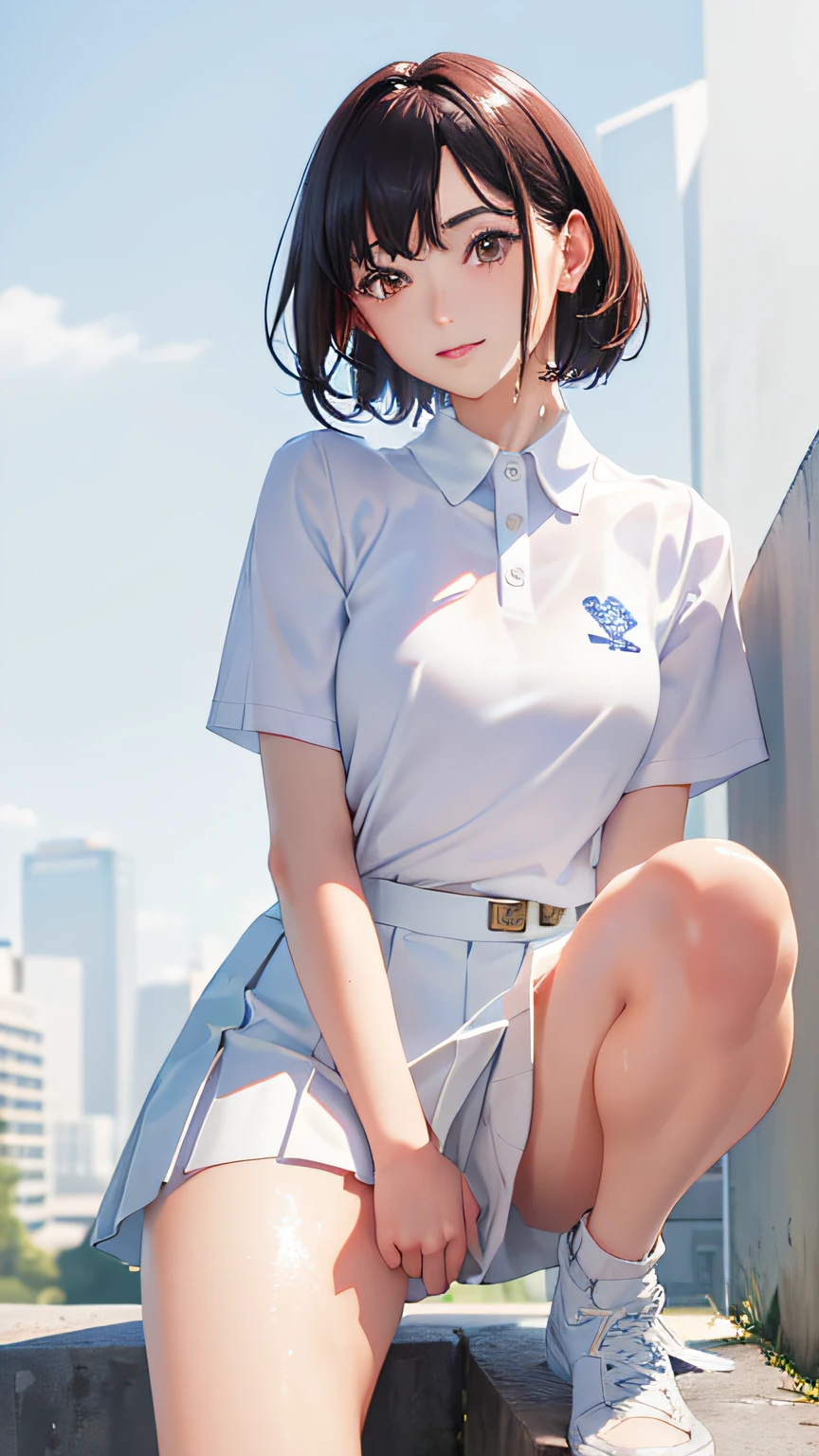 1girl, solo, white polo shirt, white sneakers, tennis wear, white miniskirt, masterpiece, best quality, realistic, hyper-detailed, (shiny skin, sweaty:1.4), absurd, looking at viewer, short black hair, brown eyes, slender, dynamic lighting, high resolution, sharp focus, depth of field, detailed eyes, sharp pupils, realistic pupils, (small breasts:1.4), (thick thighs:1.1), outdoor, sky