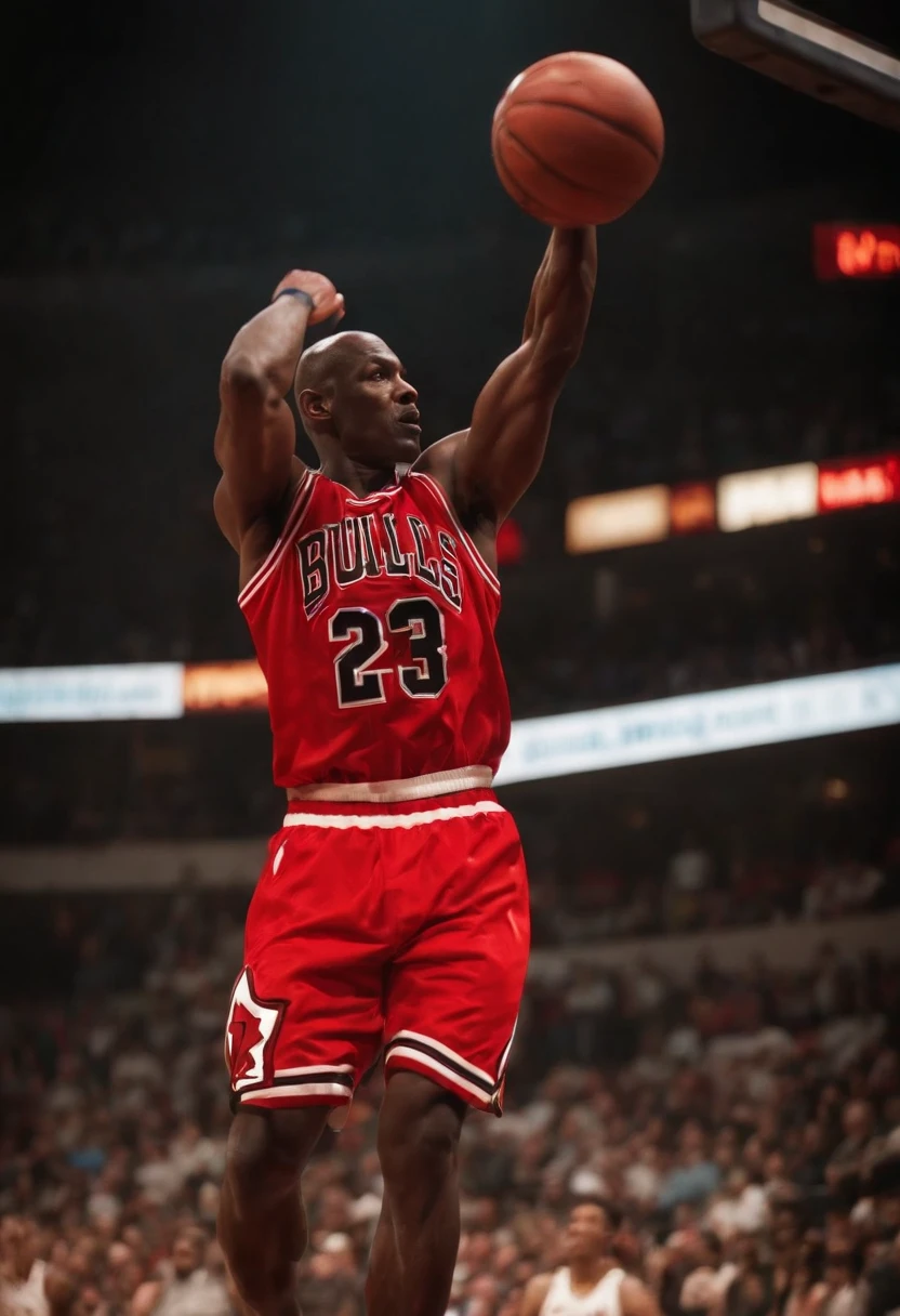 Michael jordan，strong muscle，Wearing a red basketball suit，Dunk，stage lighting，Chasing the light，Backlight