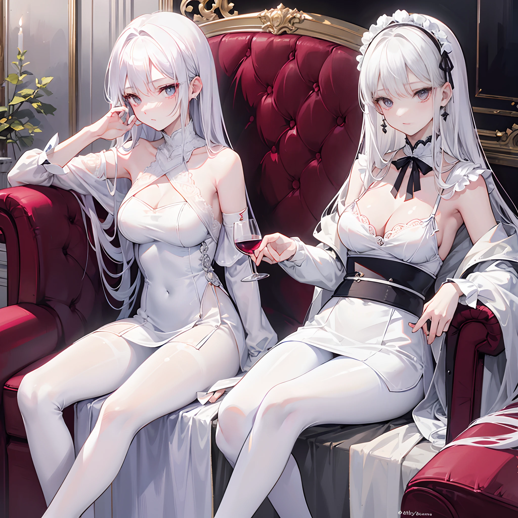 E cup,sit on chair,Holding a glass of red wine in his hand,White hair,White eyes,Lady-style coiled hair,White dress,White pantyhose,face expressionless,Scene of the aristocratic party