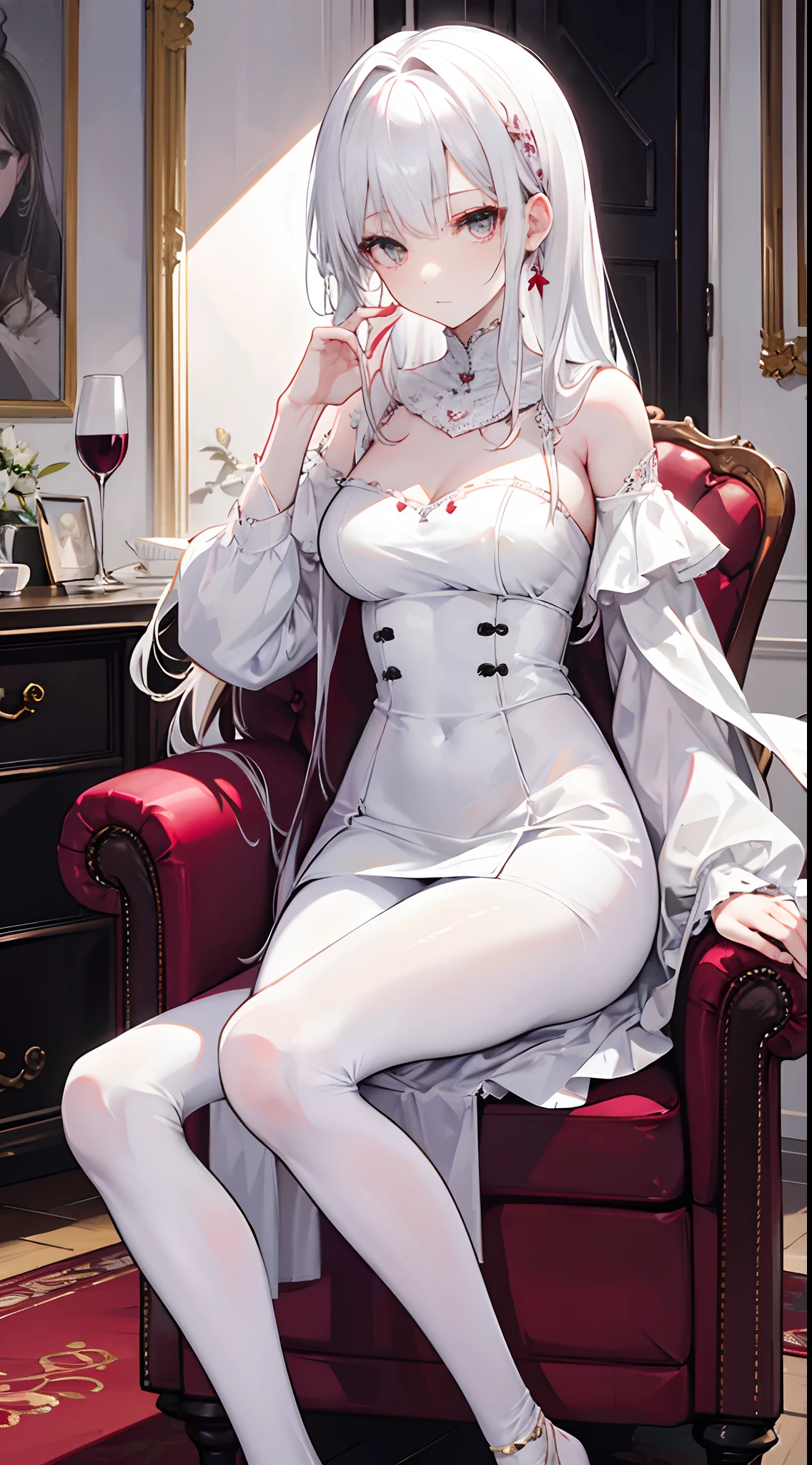 E cup，sit on chair，Holding a glass of red wine in his hand，White hair，White eyes，Lady-style coiled hair，White dress，White pantyhose，face expressionless，Scene of the aristocratic party