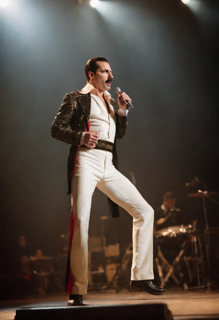 Freddie Mercury，Briefs，Broken microphone stand，stage lighting，Chasing the light，Backlight