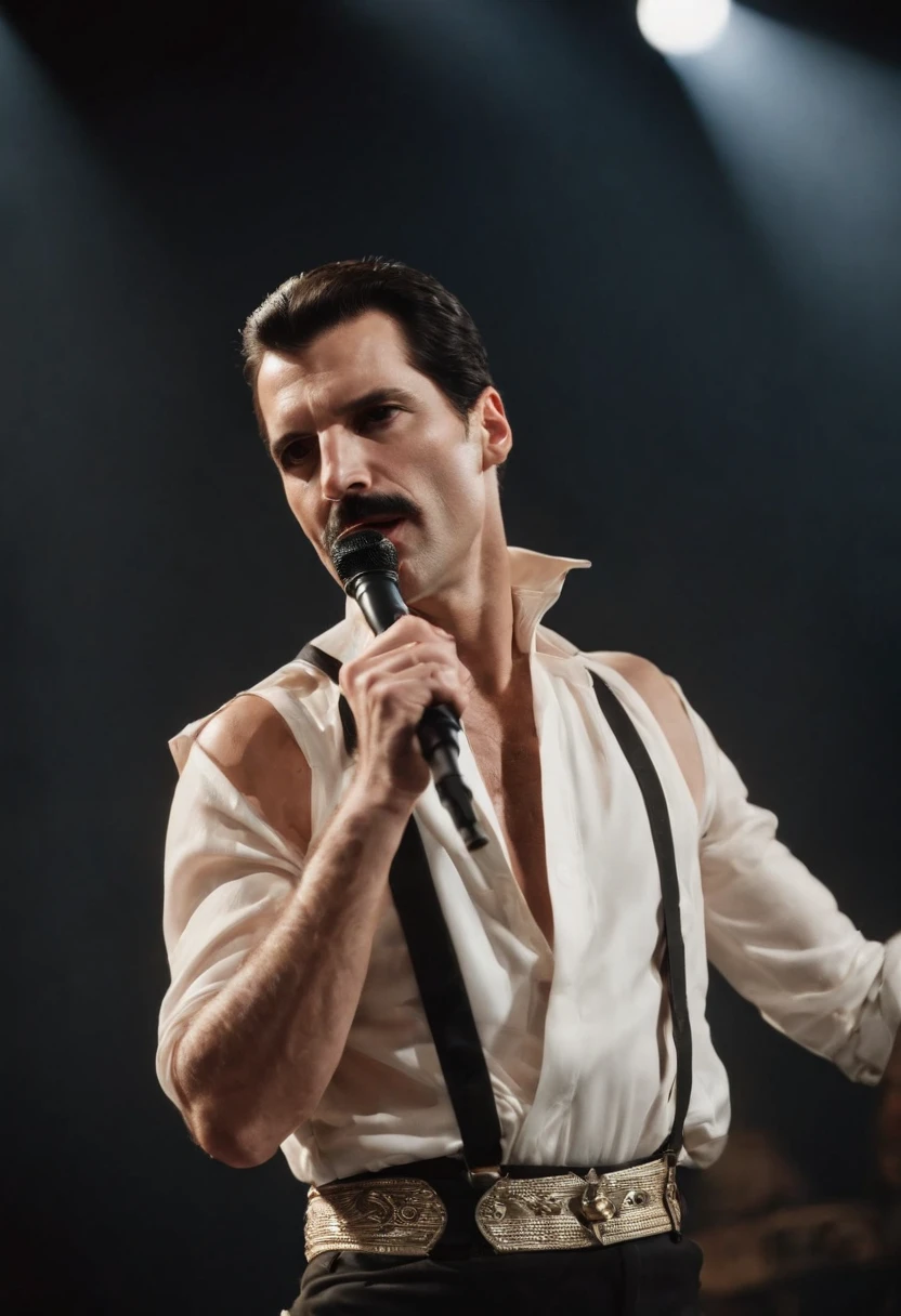 Freddie Mercury,Briefs,Broken microphone stand,stage lighting,Chasing the light,Backlight