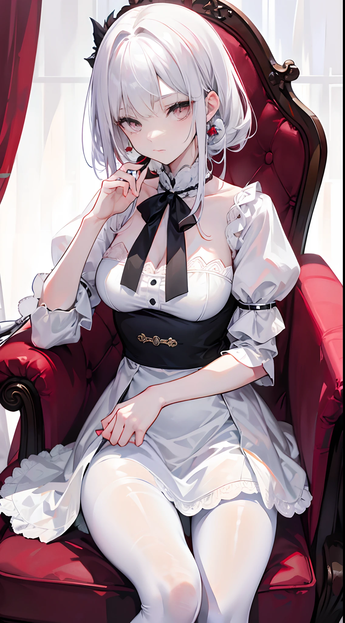 E cup，sit on chair，Holding a glass of red wine in his hand，White hair，White eyes，Lady-style coiled hair，White dress，White pantyhose，face expressionless，Scene of the aristocratic party