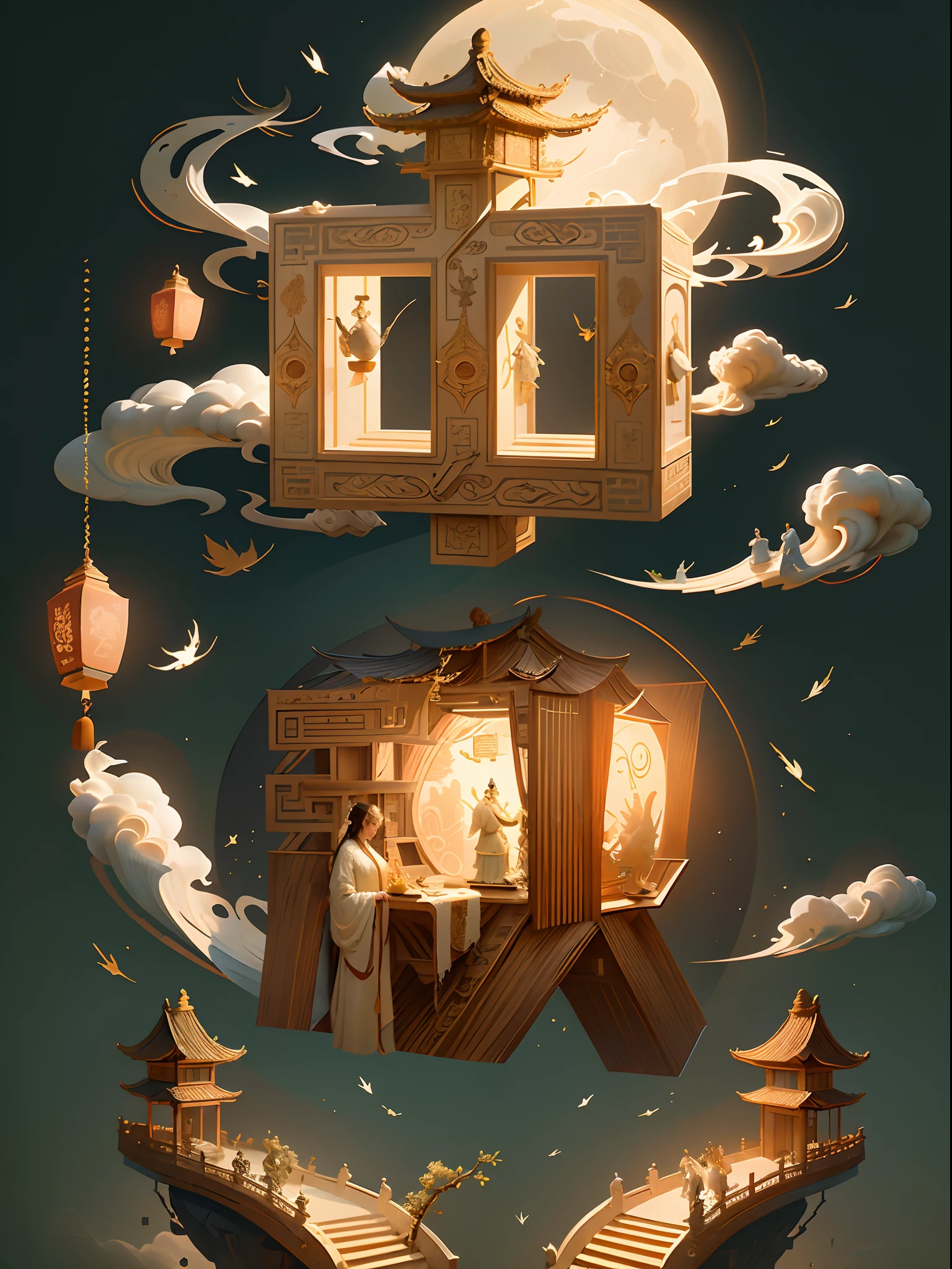 High-rise Pavilion palaces, no human, (big moon),osmanthus trees,white Rabbit,lanterns,palaces,Cloud, Chinese style,IvoryGoldAI, masterpiece,ultra exquisite,stereoscopic,super rich,ultra detailed,32k
