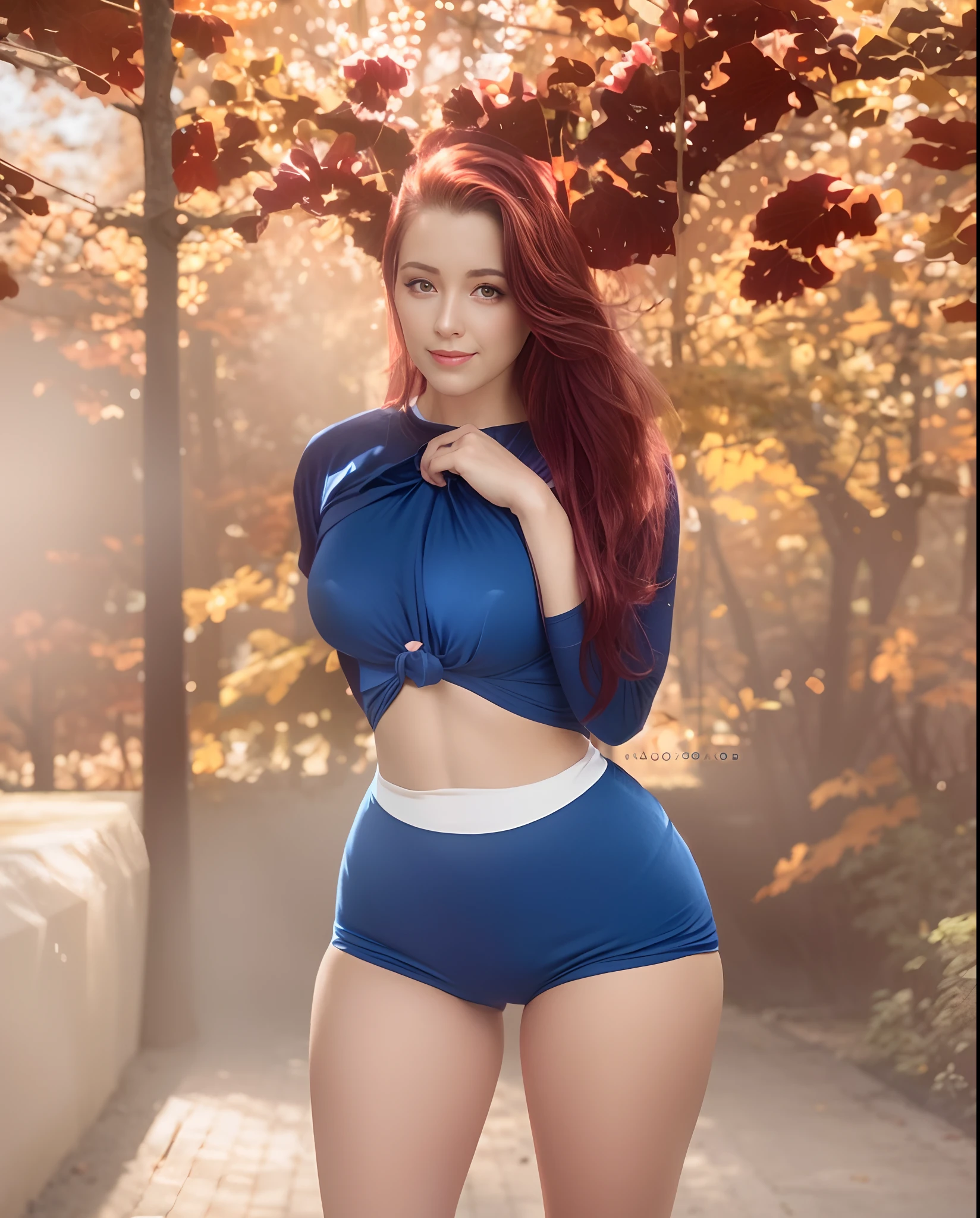 Hay una mujer en pantalones cortos azules posando para una foto, Amouranth, better known as amouranth, Thicc, Chica pelirroja, Anna Nikolanova aka Newmilky, pelirroja corta, Vestimenta ajustada, Traje ajustado, pelirrojo, vista baja, Angelawhite, linda joven pelirroja, Usar ropa simple y ajustada, Camisa ajustada, camiseta azul ajustada