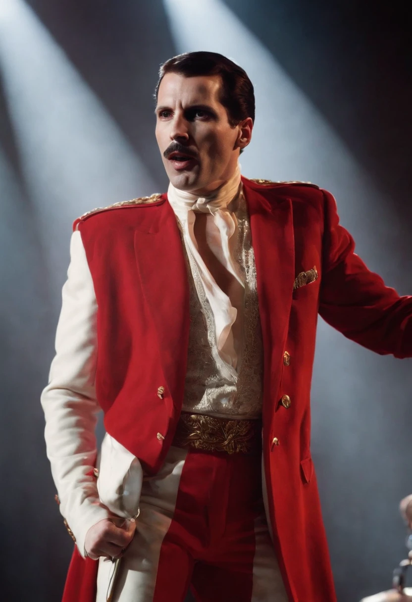 Freddie Mercury，Wear briefs，Red scarf neck，The microphone stand is damaged，stage lighting，Chasing the light，Backlight