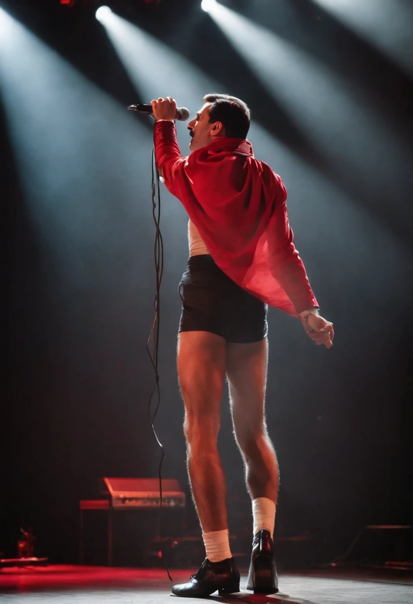 Freddie Mercury，Wear briefs，Red scarf neck，The microphone stand is damaged，stage lighting，Chasing the light，Backlight