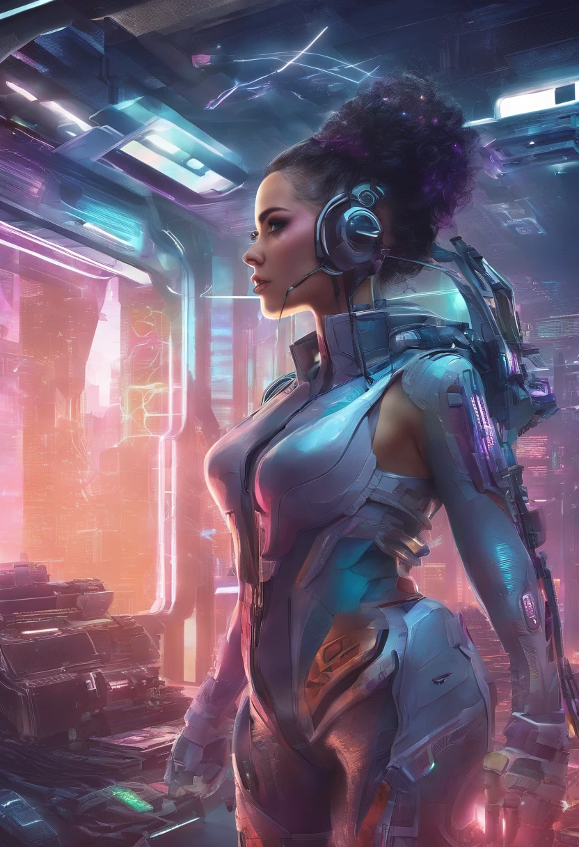 top quality, future world, State-of-the-art robot, Beautiful Woman,  Transformed into a cyborg except for the face, sexy images, whole body photo, ((space war, star war, laser gun ))