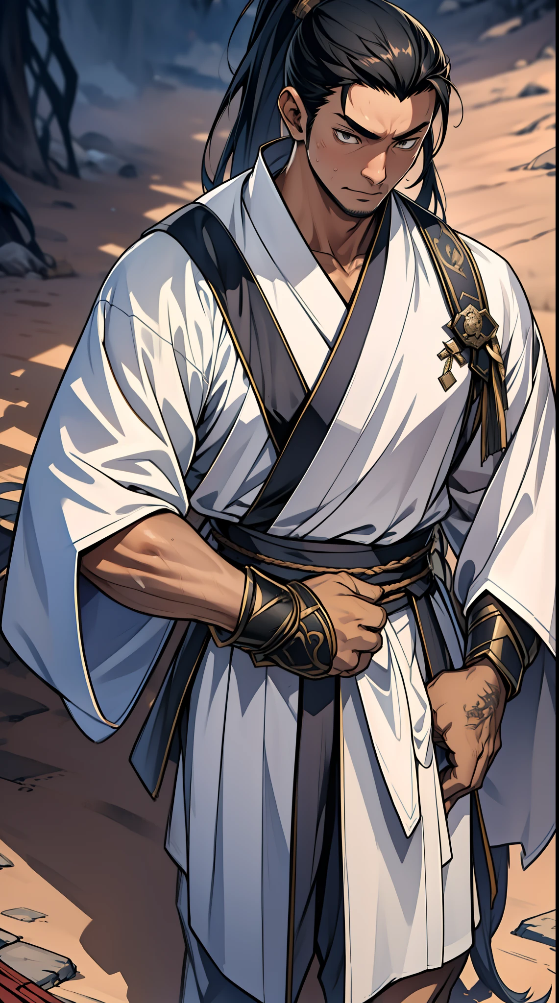 quadratic element，style of anime，mtu（Male Warrior），The proportions are correct，Face details，swordsmen，High ponytail hairstyle，Neck details，There is an Adam's apple，Black Hanfu，kaftan，Embroidered robes，Black robe，clothes details，Handing over，longer sleeves，Game quality，Swordsmanship，Light and shadow tracking，Ray traching，detailed glow，cg render，hair detail，cabelos preto e longos，Black eyes，Handsome，Handsome，（juvenile sense），Clothing is complicated，Perfectcomposition，Refinement，high qulity，higher details，Lots of details，The background is complex，a sense of atmosphere，