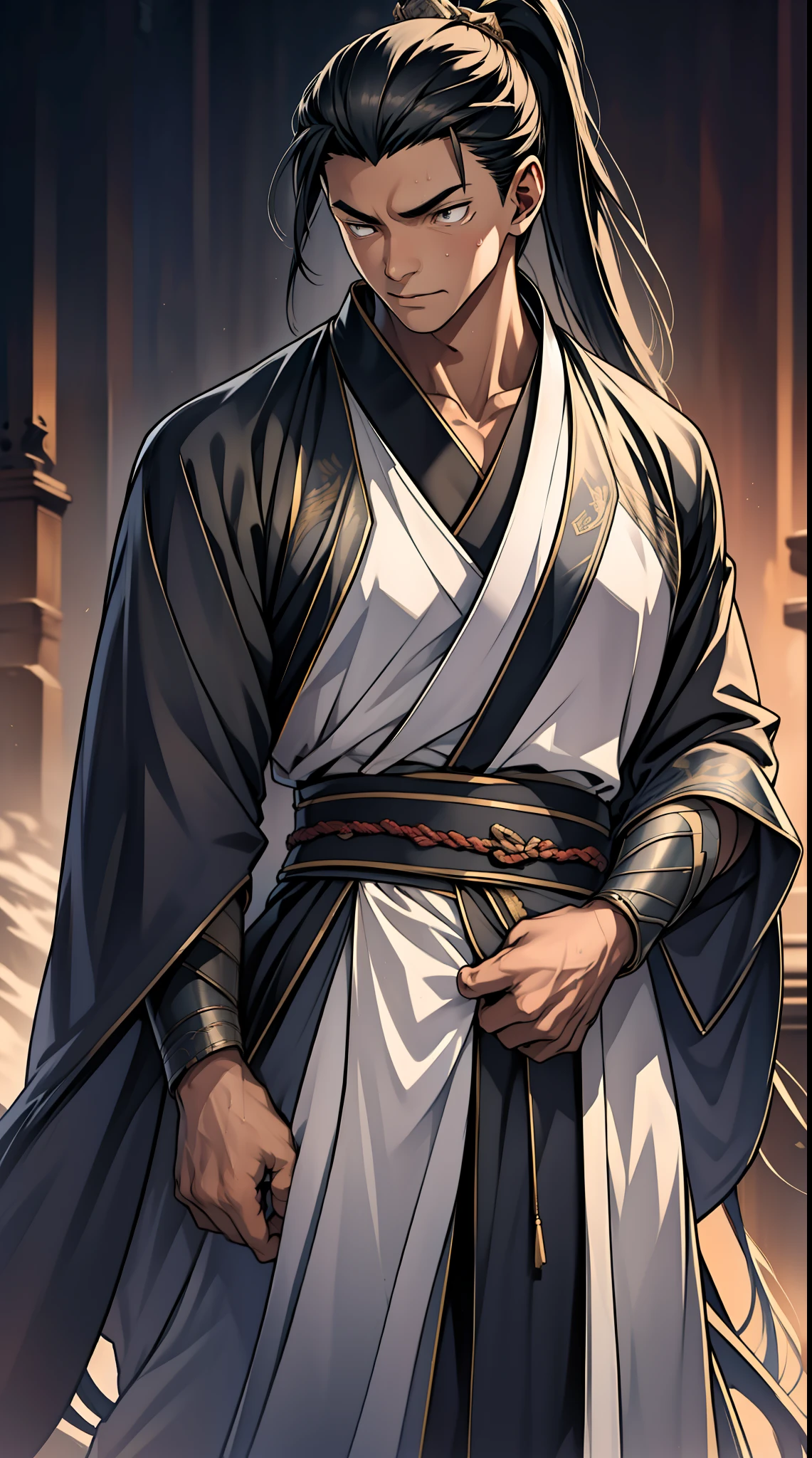 (8k), (highest quality), (masterpiece), two-dimensional, anime style, man (male warrior), squat, crotch sweat, crotch sweat, muscle, correct proportions, face details, martial arts, high ponytail hairstyle, sweating, pectoralis sweating, abdominal sweating, face sweating, drooling, neck details, with Adam's apple, wet, wet, Hanfu costume, long robe, embroidered robe, dragon robe, clothes details, collar, long sleeves, game quality, swordsman demeanor, light and shadow tracing, ray tracing, detail glowing, CG rendering, hair details, Long black hair, golden eyes, sweaty face, handsome, handsome, sweat beads slipping down the neck, (juvenile feeling), complex clothing, wet, wet, perfect composition, refinement, high quality, more details, lots of details, complex background, sense of atmosphere,