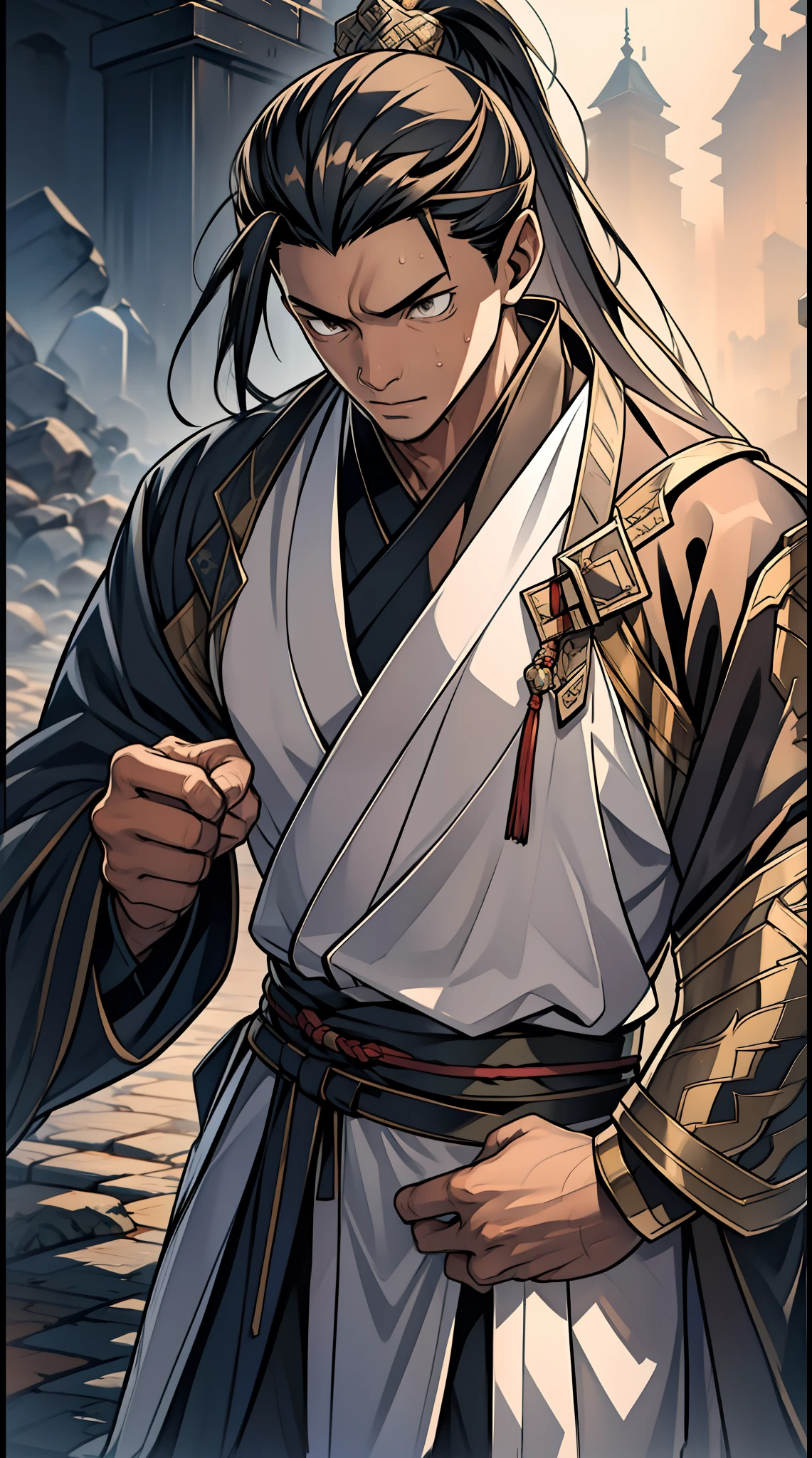 quadratic element，style of anime，mtu（Male Warrior），The proportions are correct，Face details，swordsmen，High ponytail hairstyle，Neck details，There is an Adam's apple，Black Hanfu，kaftan，Embroidered robes，Black robe，clothes details，Handing over，longer sleeves，Game quality，Swordsmanship，Light and shadow tracking，Ray traching，detailed glow，cg render，hair detail，cabelos preto e longos，Black eyes，Handsome，Handsome，（juvenile sense），Clothing is complicated，Perfectcomposition，Refinement，high qulity，higher details，Lots of details，The background is complex，a sense of atmosphere，