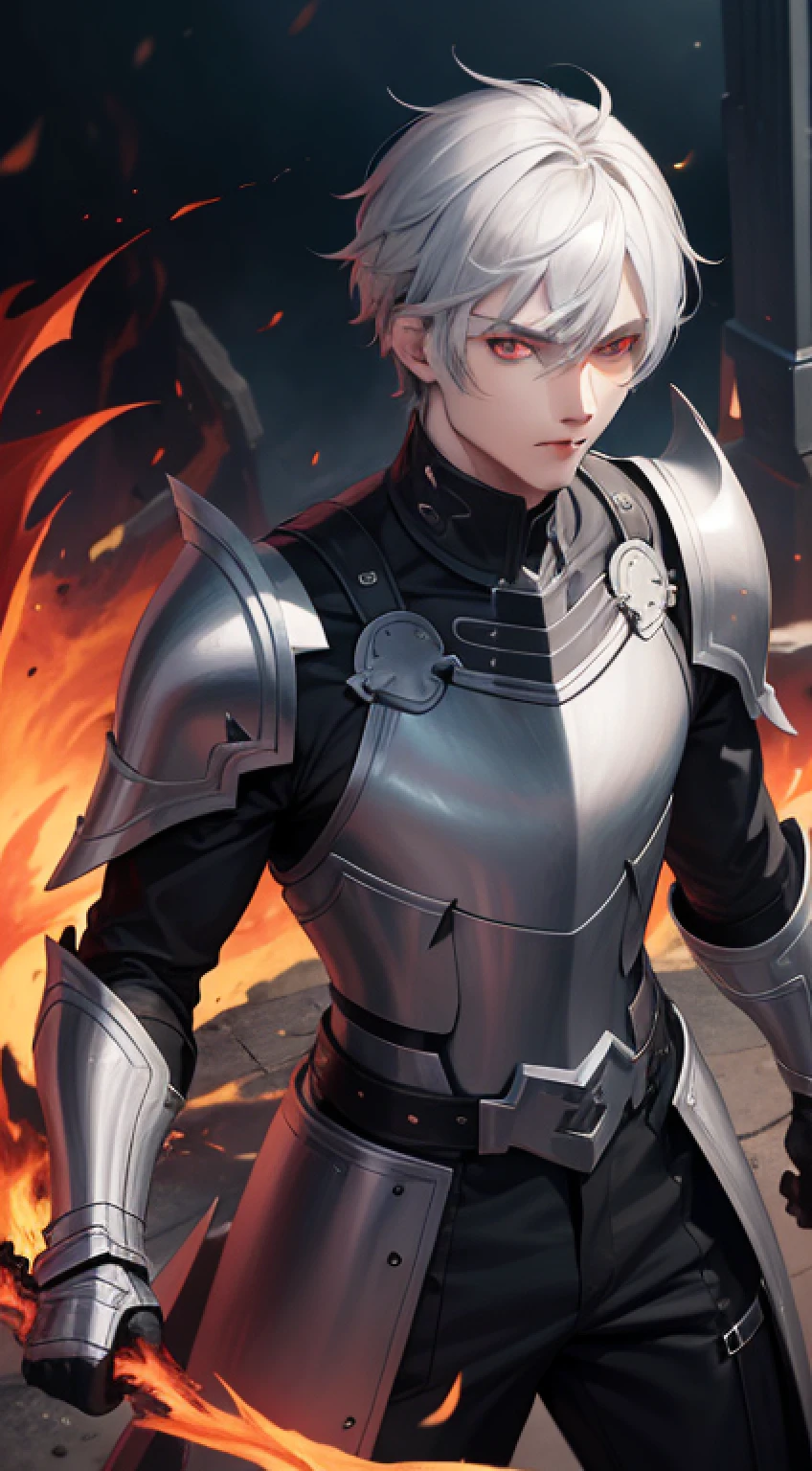 male people，with gray hair, Red eyes, Surrounded by black flames, Evil, beserker, Wearing armor, Get out of hand