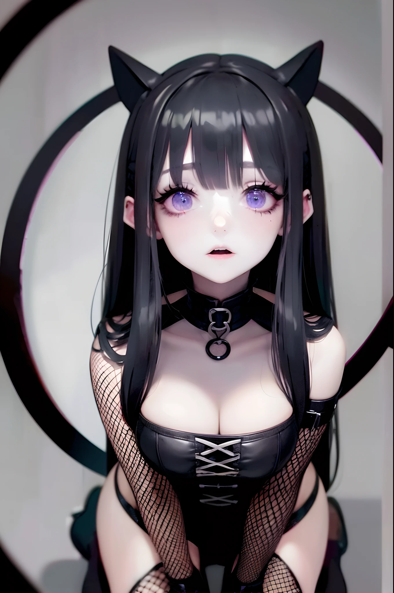 pastel goth, goth, edgy, grungecore, witch, (red candles:1.2), (black candles:1.3), eerie atmosphere, dark shadows, gloomy landscape, mysterious girl, long black hair, pale skin, intense gaze, black lipstick, dark eyeliner, ripped fishnet stockings, platform boots, pentagram necklace, moonlight, foggy forest, abandoned church, crumbling gravestones, wilted roses, bats flying overhead, spellbook, cauldron, summoning spirits, black magic, occult symbols, gothic architecture, haunting melody, candlelight flickering, dramatic lighting, chilling aura, surreal vibes, intense emotions, unsettling silence, macabre artwork, somber color palette, gothic fashion, punk rock influences, rebellious spirit, masterpiece, 4k, dead eyes, eyebags, rendered, best quality