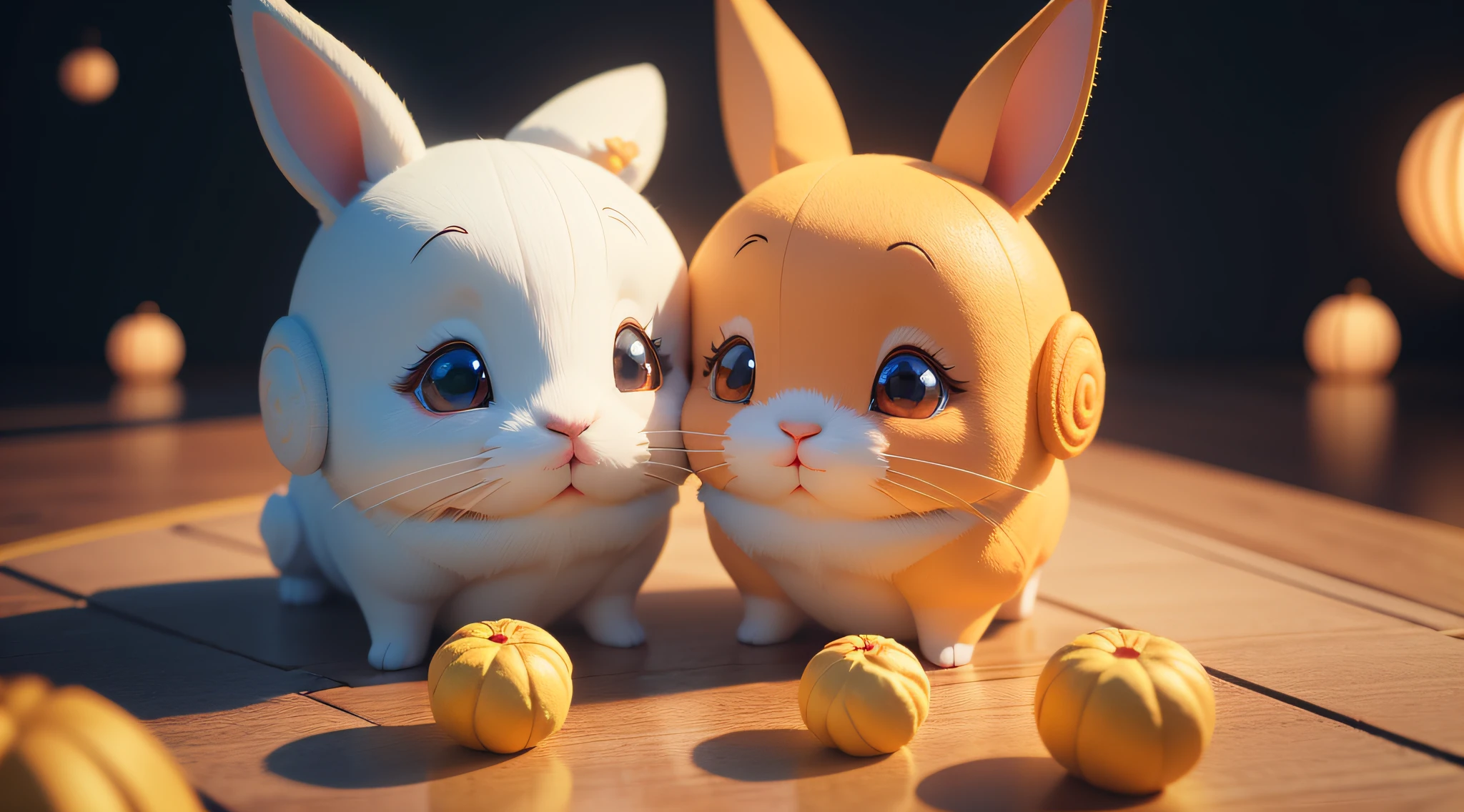 Create a cute and bright cartoon illustration for a Mid-Autumn Festival celebration featuring adorable rabbits.3D art, fine details, rich colors, clay texture, pastel lighting, low angle shot, OC renderer, C4D, best quality, 8K