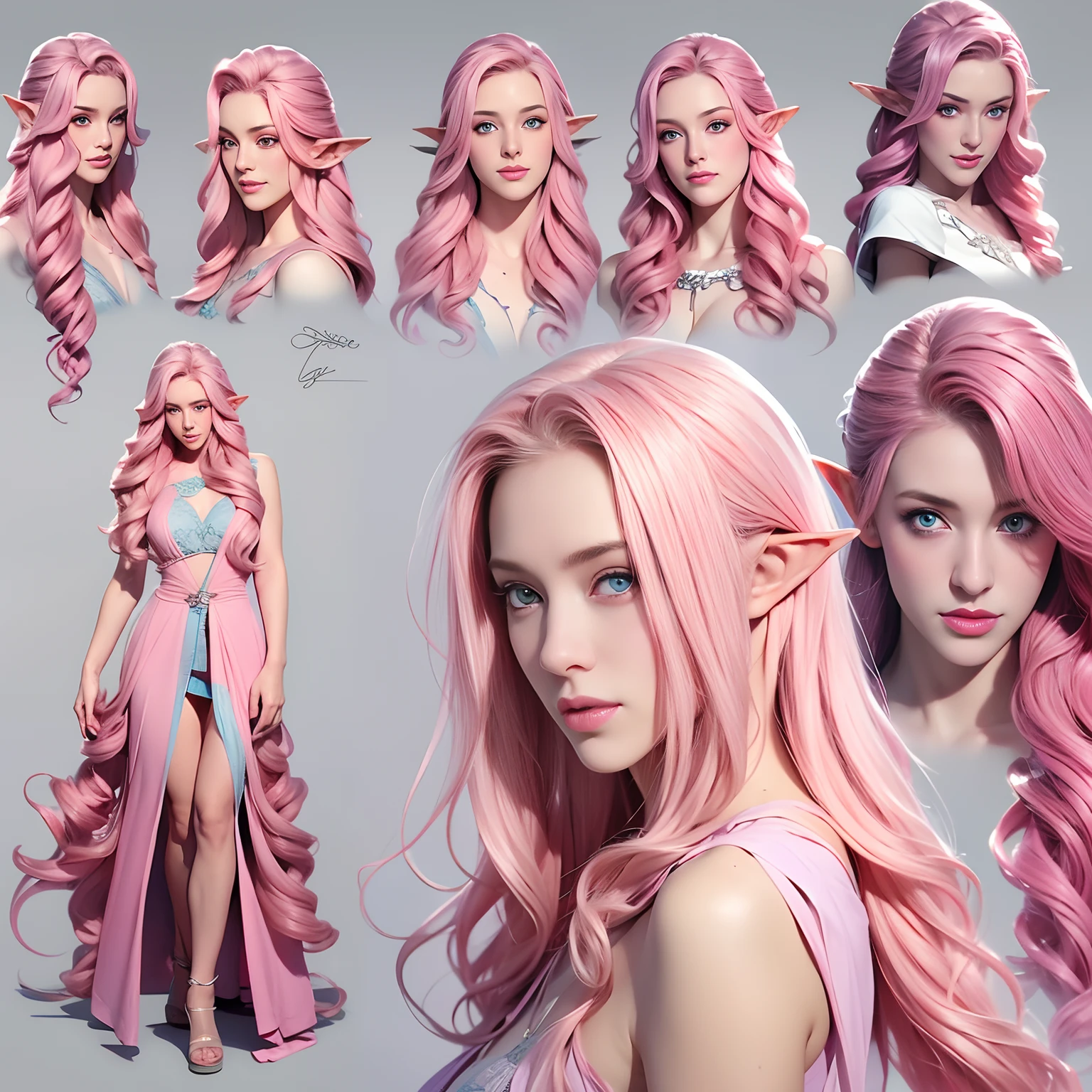 ((artwork, Highest quality)), detailed face, character sheet, full body, Full of details, Various poses and expressions, highly detailed, depth, design, Woman, long curly hair, pink hair, blue eyes, elf , Whole body, parts, plug