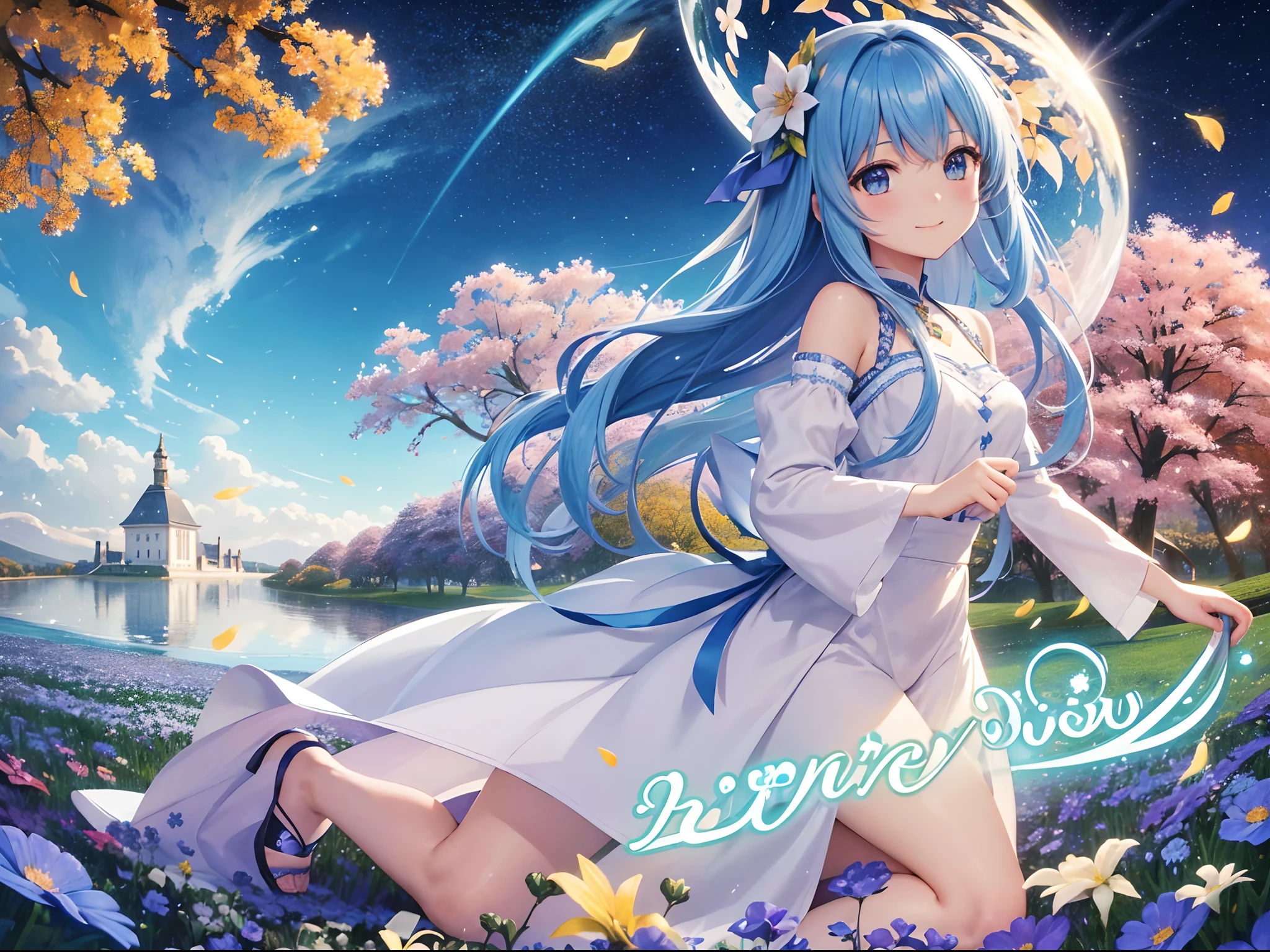 (hight resolution、ultra-detailliert、nffsw、movie)、独奏、1girl in、Happiness、Girl Standing In Cosmos Flower Garden、Girl around the petals、A charming smile、full body Esbian、Long-haired girl with blue hair、lightblue hair、facing front、Fantasia、Official art、pop-art、profile、hyperdetailed face、ultradetailed eyes、Cosmos flower garden、Ultra Detailed Fields、White blue sky、 Cold、shuicolor、blanche、Nebulae in the sky、Landscape of autumn leaves、watercolor paiting、PastelColors