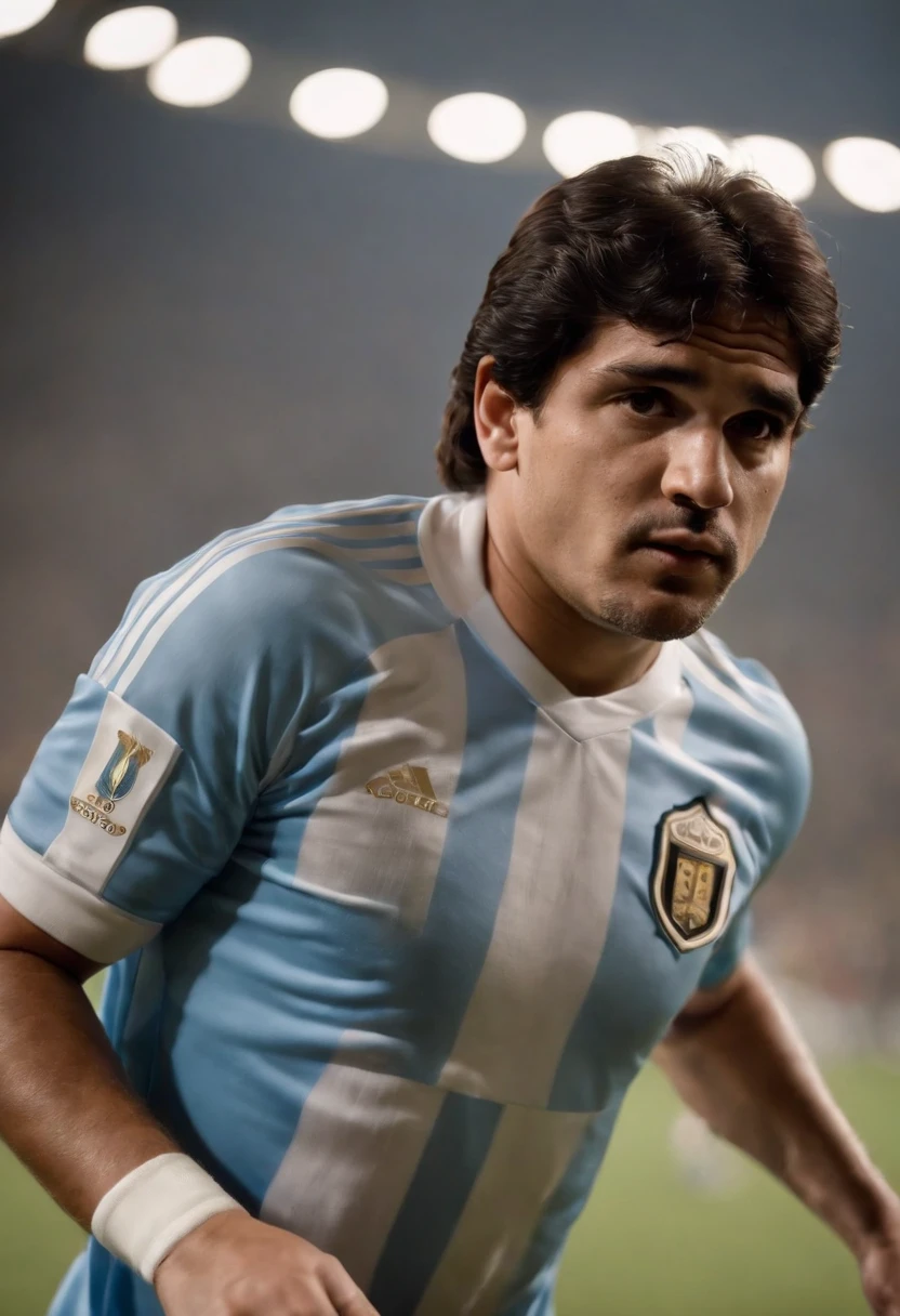 Diego Armando Maradona，Wear an Argentine football jersey，Pass with the ball，stage lighting，Chasing the light，Backlight