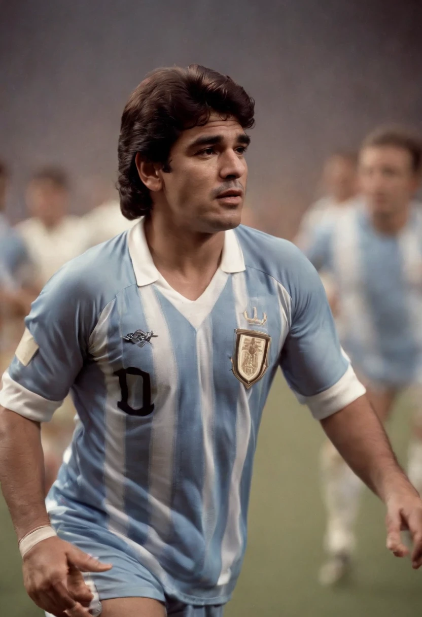 Diego Armando Maradona,Wear an Argentine football jersey,Pass with the ball,stage lighting,Chasing the light,Backlight
